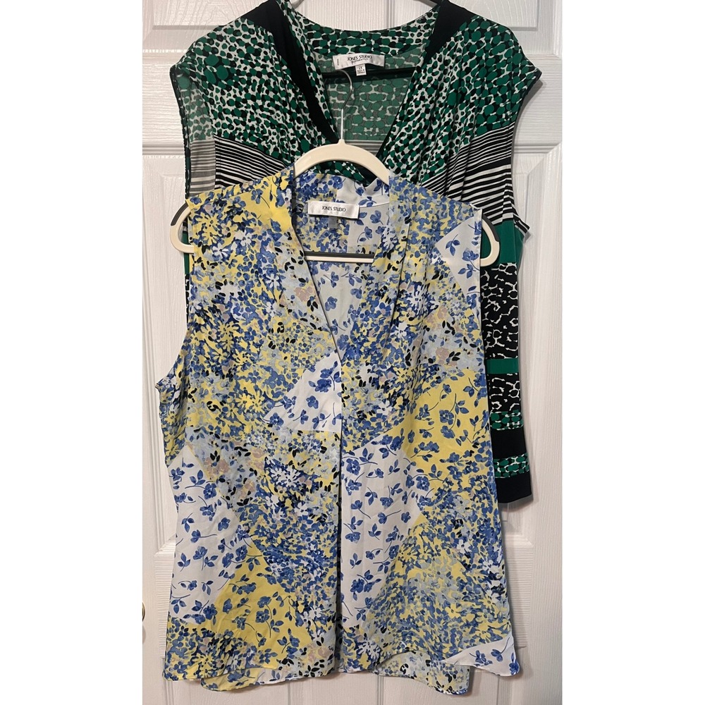 Jones Studio Womens 2X Sleeveless Tops (2) Cowl Neck Animal Floral Blouse Green